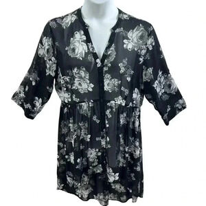 Torrid Womens 1 Black Floral Button Down Sheer Tunic Top Blouse Work Whimsical